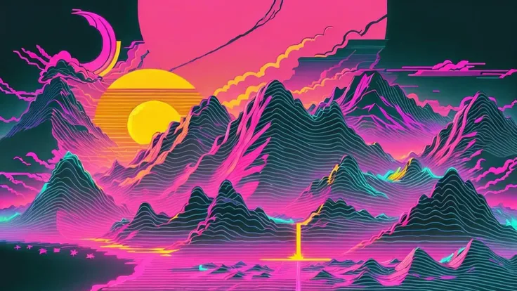 mountains,palm trees and sun,vectorized,synthwave,purple pink black,bright neon colors on a dark background, retrowave, <lora:retrowave_0.12:1>