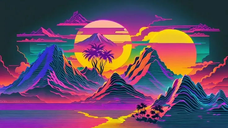 mountains,palm trees and sun,vectorized,synthwave,purple blue red orange,bright neon colors on a dark background, retrowave,  <lora:retrowave_0.12:1>