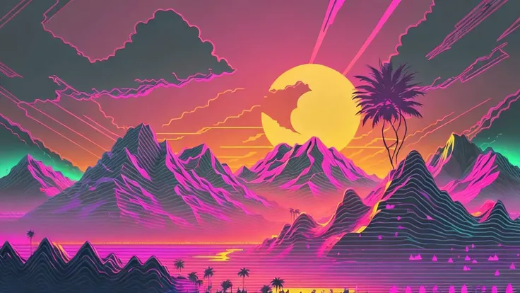 mountains,palm trees and sun,vectorized,synthwave,purple pink black,bright neon colors on a dark background, retrowave, <lora:retrowave_0.12:1>
