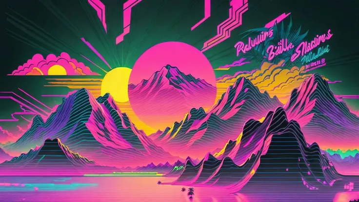 mountains,palm trees and sun,vectorized,synthwave,purple pink black,bright neon colors on a dark background, retrowave, <lora:retrowave_0.12:1>