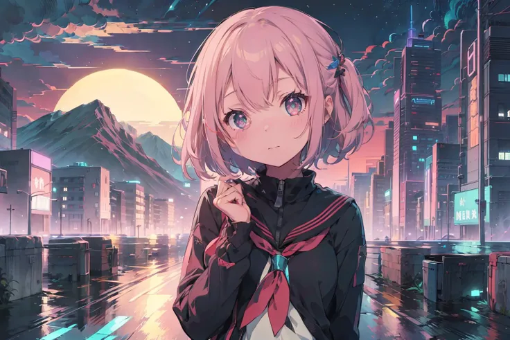 (1 girl, solo:1.3), (blonde short hair), serafuku, (detailed eyes, jewel-like eyes, colorful eyes, sparkling eyes),
BREAK
retrowave, city, road, purple neon lights, sun, mountain,
BREAK
highres, ultra detailed, beautiful, (masterpiece, best quality:1.4), detailed background, nice hands, perfect hands, <lora:GoodHands-vanilla:1>, <lora:retrowave_0.12:1>