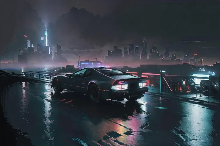 (masterpiece, 4k ,ultra detailed:1.2),(realistic:1),illustration,(photorealistic:1),
(fisheye:1.1),(panorama:1),(from side:1.2),
(simple background:1.4),
(outdoor,highway,night,cyberpunk,neon,fog,rain,new york,manhattan,reflection,river:1.2),(skyscraper,cityscape:1.4),(lookout:1.3),
<lora:flat2:1>,
<lora:retrowave_0.12:0.8>,(retrowave:1.2),car,
<lora:FilmG4:0.8>