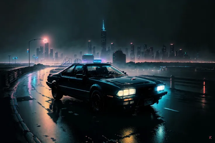 (masterpiece, 4k ,ultra detailed:1.2),(realistic:1),illustration,(photorealistic:1),
(fisheye:1.1),(panorama:1),(from side:1.2),
(simple background:1.4),
(outdoor,highway,night,cyberpunk,neon,reflection,fog,rain,asphalt,new york,manhattan,skyscraper,cityscape:1.2),
<lora:flat2:1>,
<lora:retrowave_0.12:0.8>,(retrowave:1.2),car,
<lora:FilmG4:0.8>