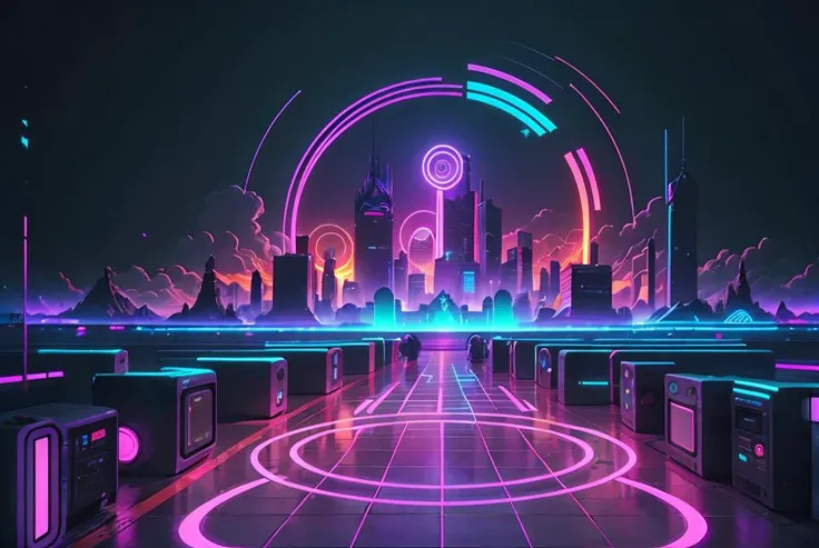 retrowave, time machine, circles, glowing, purple neon lights, <lora:retrowave_0.12:0.8>, gradient sky,