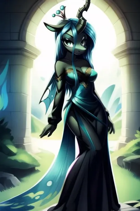 SDChrysalis, full body, aqua hair, aqua eye, single horn, dress, night, fire eyes, (Best Quality:1.2), crisp, clean, detailed eyes, beautiful face, <lora:Chrysalis-15:1>, <lora:Furtastic_Detailer:1>