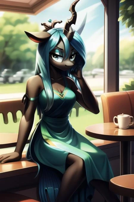 SDChrysalis, full body, aqua hair, aqua eye, single horn, dress, sitting, cafe, coffee (Best Quality:1.2), crisp, clean, detailed eyes, beautiful face, <lora:Chrysalis-15:1>, <lora:Furtastic_Detailer:1>