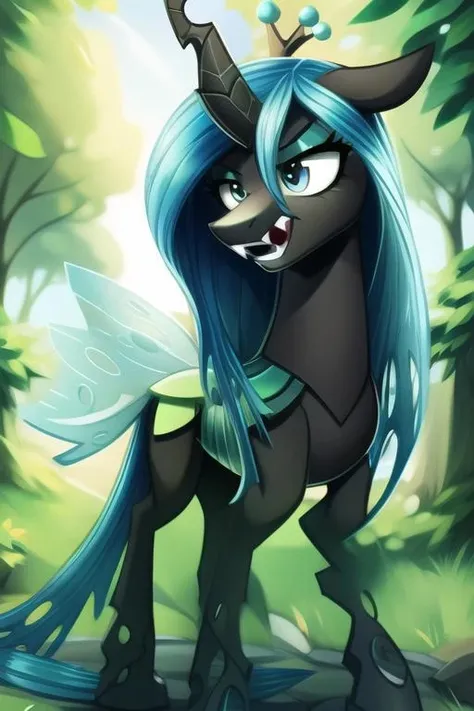 source_pony, feral queen chrysalis, female, looking at you, cave background, highly detailed