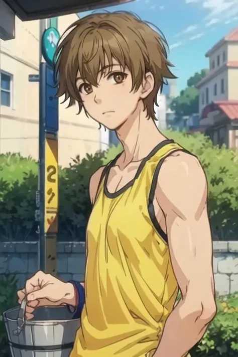 masterpiece, best quality, game cg, 1boy, solo, male focus, looking at viewer, upper body, depth of field, <lora:ikuyoshi_sasaki:0.72>, ikuyoshi_sasaki, brown hair, brown eyes, tank top, bucket hat, islamic golden age,