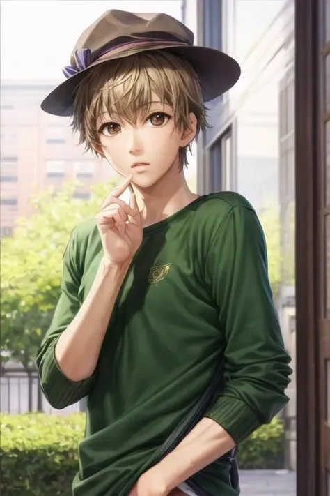 masterpiece, best quality, photorealistic, 1boy, solo, male focus, looking at viewer, upper body, depth of field, <lora:ikuyoshi_sasaki:0.74>, ikuyoshi_sasaki, brown hair, brown eyes, joggers, cloche hat, ,