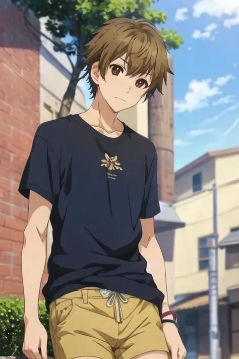 masterpiece, best quality, wallpaper, 1boy, solo, male focus, looking at viewer, , depth of field, <lora:ikuyoshi_sasaki:0.74>, ikuyoshi_sasaki, brown hair, brown eyes, bermuda shorts, , ,