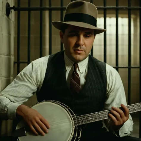 cinematic film still of <lora:1930's style:1>
In the 1930's Al Capone a man sitting in a jail cell with a banjo,solo,1boy,sitting,male focus,instrument,realistic,music,playing instrument,realistic,realism,perfection,perfect,filmic,retro,vintage,classic,different haircut,different look,different style,1930's style , 1930 style, shallow depth of field, vignette, highly detailed, high budget, bokeh, cinemascope, moody, epic, gorgeous, film grain, grainy