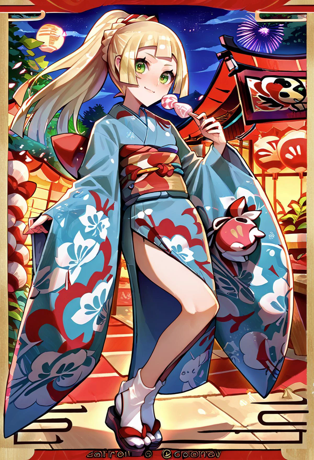 solo, holding food, cotton candy, summer festival, stall, night sky, smile, <lora:Lillie_PonyXL:1> 1lillie1, blonde hair, long hair, green eyes, 5newyear5, ponytail, print kimono, obi, sandals, socks, japanese clothes, :q, <lora:Ban!_(bansankan)_PonyXL_style_v01:1>, score_9, score_8_up, score_7_up, source_anime,