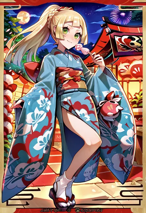 solo, holding food, cotton candy, summer festival, stall, night sky, smile, <lora:Lillie_PonyXL:1> 1lillie1, blonde hair, long hair, green eyes, 5newyear5, ponytail, print kimono, obi, sandals, socks, japanese clothes, :q,   <lora:Ban!_(bansankan)_PonyXL_style_v01:1>, score_9, score_8_up, score_7_up, source_anime,