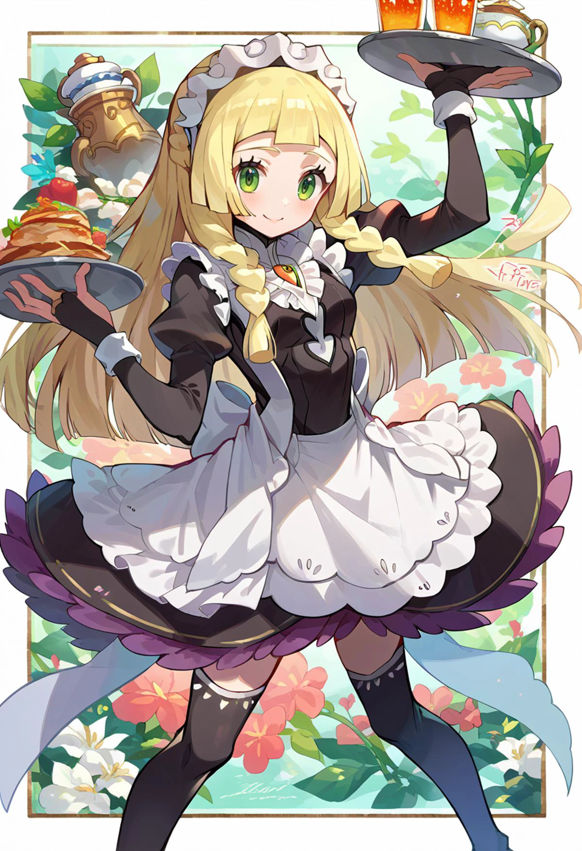 smile, holding tray, <lora:Lillie_PonyXL:1> 1lillie1, blonde hair, long hair, green eyes, <lora:fatesmaid-fe-richy-v1_pdxl:0.8> fates maid, maid headdress, maid apron, bridal gauntlets, black thighhighs,, score_9, score_8_up, score_7_up, source_anime,