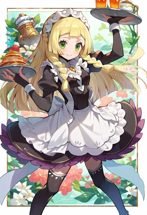 smile, holding tray,  <lora:Lillie_PonyXL:1> 1lillie1, blonde hair, long hair, green eyes,  <lora:fatesmaid-fe-richy-v1_pdxl:0.8> fates maid, maid headdress, maid apron, bridal gauntlets, black thighhighs,, score_9, score_8_up, score_7_up, source_anime,