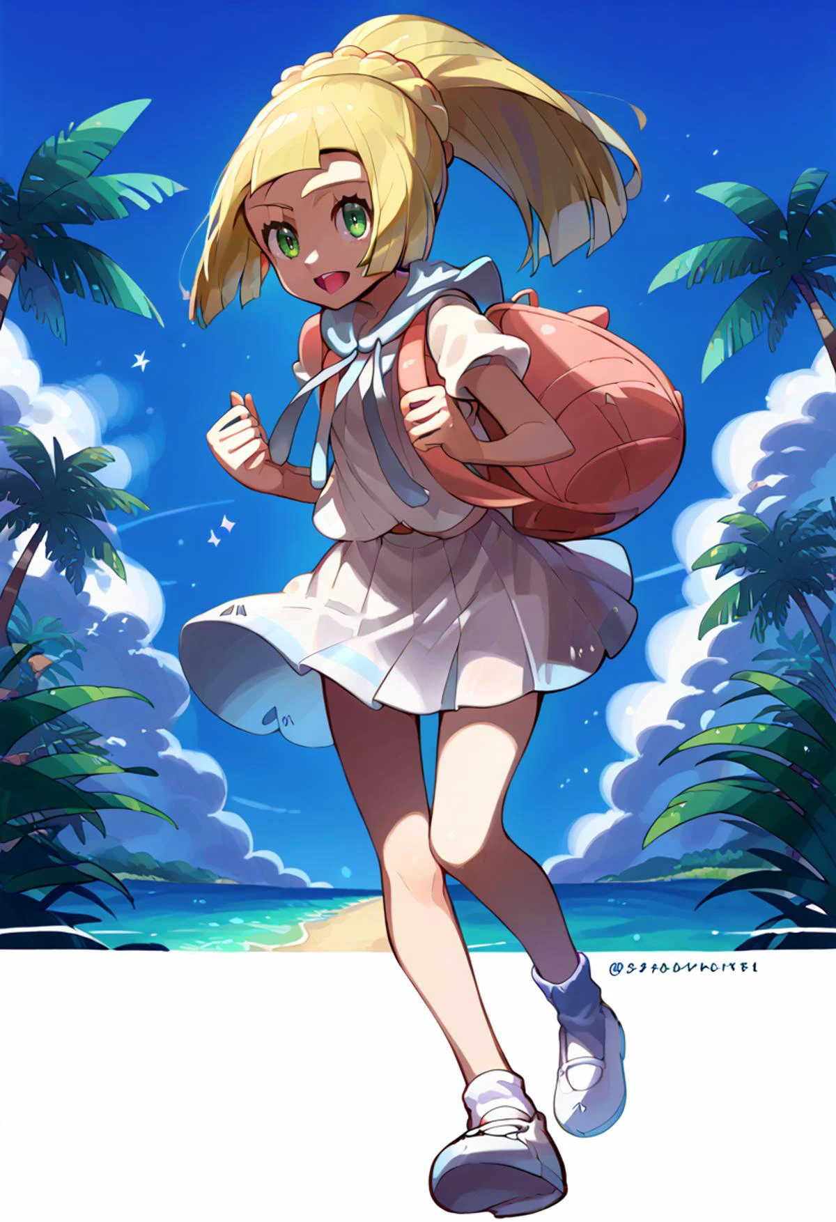 solo, <lora:Lillie_PonyXL:1> 1lillie1, blonde hair, long hair, green eyes, 4ponytail4, ponytail, white shirt, white skirt, pink backpack, white socks, white footwear, smile, leaning to the side, open mouth, palm tree, blue sky, <lora:Tonami_Kanji_Style_Pony_XL:1>, score_9, score_8_up, score_7_up, source_anime,