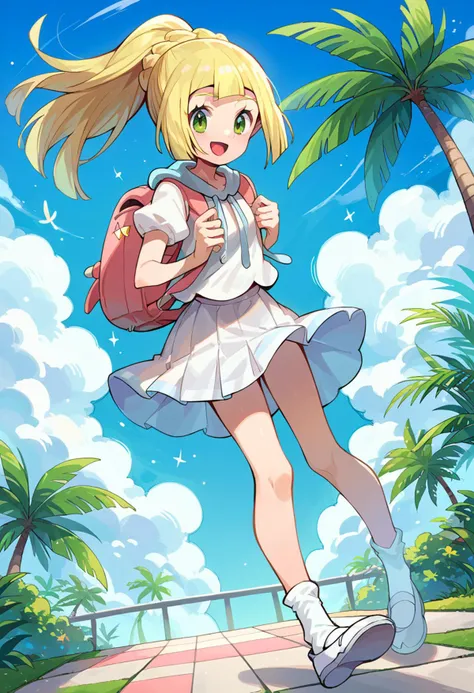 <lora:Lillie_PonyXL:1> 1lillie1, blonde hair, long hair, green eyes, 4ponytail4, ponytail, white shirt, white skirt, pink backpack, white socks, white footwear, smile, leaning to the side, open mouth, palm tree, blue sky,, score_9, score_8_up, score_7_up, source_anime,