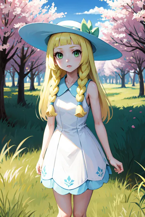 1girl, masterpiece, (detailed background), best quality, absurdres, looking at viewer,
forest pathway, field, grass, dirt path, wood fence, blue sky, clouds, (sakura trees), sleeveless, exposed shoulders,
<lora:Lillie-10:0.8>, lillie, white dress, white sunhat, white ribbon, frown, expressionless,