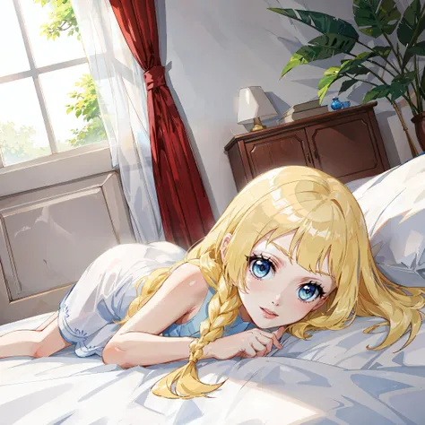 best quality, lillie, white dress, indoors,Lie on the bed ,ripe,windows,tree,smil,extremely detailed CG unity 8k wallpaper,illustration,lens 135mm,masterpiece, best quality <lora:Lillie:1>