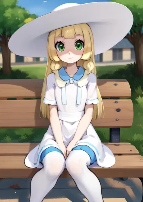 (masterpiece, best quality:1.2), extremely detailed, soft ambient lighting, sharp focus, 4K, BREAK <lora:Lillie:0.8>, deflillie, green eyes, white sun hat, white dress, white thigh highs, BREAK outdoors, public, park, looking at viewer, sitting on bench,