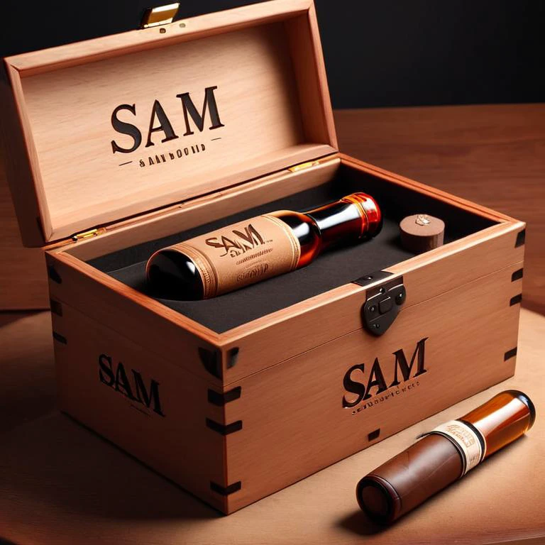 ("SAM" text logo:1.5), block letters, black, instant present, hardwood box, leather bow, whisky bottle, cigar, <lora:Instant_Present:0.4>, <lora:Harrlogos_v2.0:1>