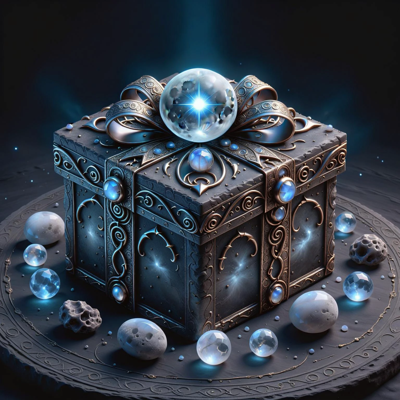 <lora:Instant_Present:0.8> instant present, occult box, lunar energy bow, detailed background, (occult, dark cultist theme:1.1), shroud, magical moonstone, wisps of lunar energy, emanating mystical cosmic power, calm before the storm, mystical dark atmosphere,