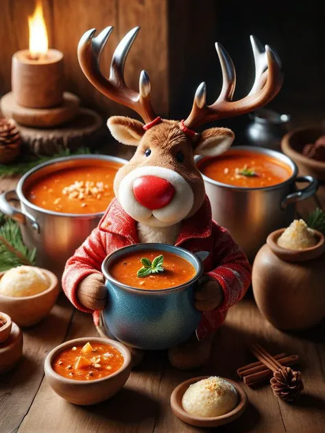 gourmet food photo of ultra detailed gourmet food photo of a Reindeer with antlers, wearing a red and white color denim jacket, crew neck sweater, corduroy pants, desert boots, looking at (a large round pot of very hot soup) as instant present, steel box, (silver bow), a large bow on pot cover, surprising happy smile, mouth watered, Perfect Hands, solo, Pointing pose,
in an icey cold polar, (outdoors), (close-up shot), Point-of-View Shot , Incandescent Light Bulb, intense shadows, depth of field, (SFW) <lora:DetailedEyes_V3:0.8> <lora:perfect hands 2:1> <lora:add-detail-xl:0.8> <lora:Instant_Present:1>, soft natural lighting, macro details, vibrant colors, fresh ingredients, glistening textures, bokeh background, styled plating, wooden tabletop, garnished, tantalizing, editorial quality, soft natural lighting, macro details, vibrant colors, fresh ingredients, glistening textures, bokeh background, styled plating, wooden tabletop, garnished, tantalizing, editorial quality