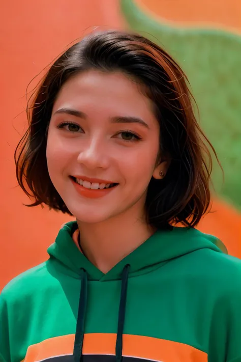 analog film photo solo, gstyle, realistic, ((woman)), (((black hair))), (((happy512))), (((Graphic hoodie, biker shorts, chunky sneakers))), ((Simple Green Orange background:1.5)), ((dynamic pose)), high detailed, 8k, clear facial features, <lora:PAseer-SD15-LCM Quick:1> <lora:ReaLora:.2> skin <lora:GStyle_-_Photography_Style:.4> <lora:IDI_-_Jessica_Veranda:1> jesvera . faded film, desaturated, 35mm photo, grainy, vignette, vintage, Kodachrome, Lomography, stained, highly detailed, found footage