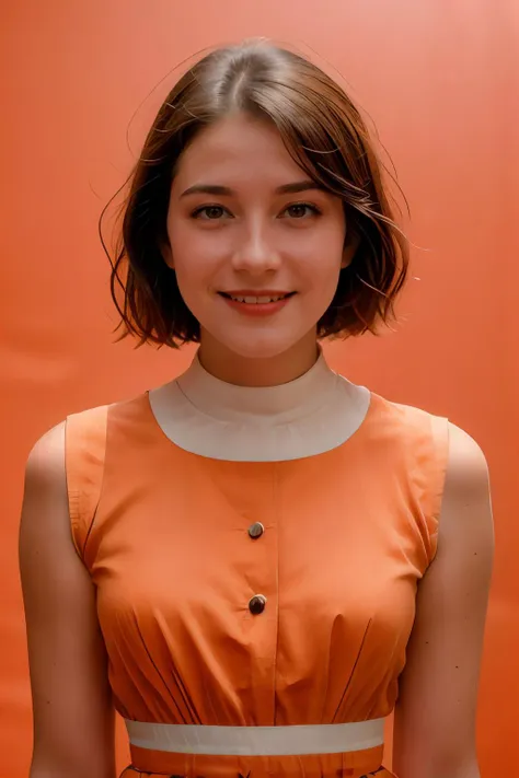 analog film photo solo, gstyle, realistic, ((woman)), (((short hair))), (((happy512))), (((Paperbag waist shorts, fitted top, and wedges.))), ((Simple Light Orange background:1.5)), ((dynamic pose)), high detailed, 8k, clear facial features, <lora:PAseer-SD15-LCM Quick:1> <lora:ReaLora:.2> skin <lora:GStyle_-_Photography_Style:.4> <lora:IDI_-_Jessica_Veranda:1> jesvera . faded film, desaturated, 35mm photo, grainy, vignette, vintage, Kodachrome, Lomography, stained, highly detailed, found footage