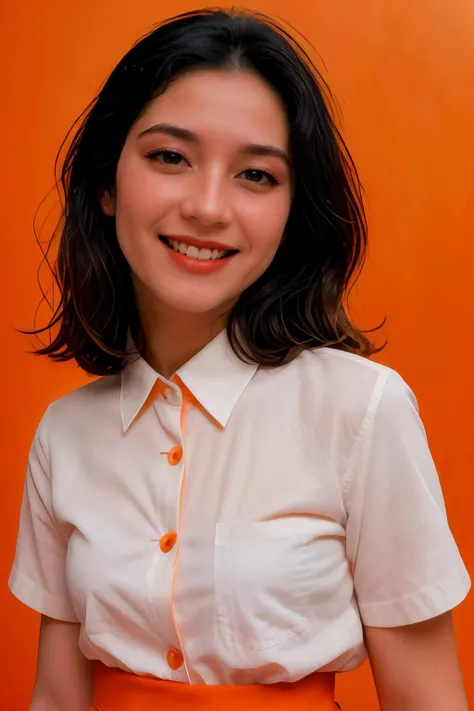 a pretty and beautiful young woman,Attractive woman, holding a GUMMIE in your hand., in front of an orange background, wearing a modern yellow t-shirt, smiling young woman, cute young woman, a cute young woman, a pretty and beautiful young woman, smelling good, Attractive woman, wearing striped shirt, ear a shirt laughing, young woman in her 20s, with short hair