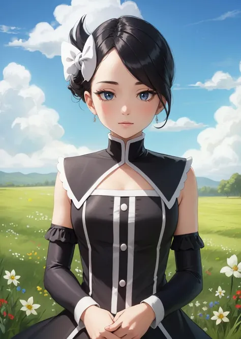 masterpiece, best quality, marley, hair bow, gothic dress, detached sleeves, upper body, looking at viewer, wildflowers, grass, clouds, brightly lit face <lora:marley-nvwls-v1-final:0.9>