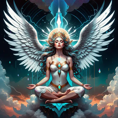 Anaglyph filter, action-packed ancient paradise dream,a beautiful stylish aphrodite angel russian girl (sit in lotus pose on the cloud:1.3),shattered glass angel wings AngelicStyle <lora:SDXLAngelic:0.42>,white dress,numbus above the head,happy peace face, heavenly beauty closed eyes,delicate closed mouth,passion body,amazing ,epic supernova background,(delirium, chaotic storm of liquid Volumetric Lighting),artgerm, radiant light , character, shallow depth of field, vignette, cinemascope, moody, epic, gorgeous ,(pop art:1.1) <lora:pop_art_style:0.47>, Lois van Baarle,characters, digital, fantasy, femininity, illustration, whimsical, beautiful watercolor art by (Aliza Razell:1.2) ,conceptual, dream-like, eerie, ethereal, fantasy, photography, surreal, alex gray,vibrant| comprehensive cinematic| Carne Griffiths| Conrad Roset