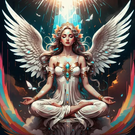 Anaglyph filter, action-packed ancient paradise dream,a beautiful stylish aphrodite angel russian girl (sit in lotus pose on the cloud:1.3),shattered glass angel wings AngelicStyle <lora:SDXLAngelic:0.42>,white dress,numbus above the head,happy peace face, heavenly beauty closed eyes,delicate closed mouth,passion sexy body,amazing ,(delirium, chaotic storm of liquid Volumetric Lighting),artgerm, radiant light , character, shallow depth of field, vignette, cinemascope, moody, epic, gorgeous ,(pop art:1.1) <lora:pop_art_style:0.67>, Lois van Baarle,characters, digital, fantasy, femininity, illustration, whimsical, beautiful watercolor art by (Aliza Razell:1.2) ,conceptual, dream-like, eerie, ethereal, fantasy, photography, surreal, alex gray,vibrant| comprehensive cinematic| Carne Griffiths| Conrad Roset