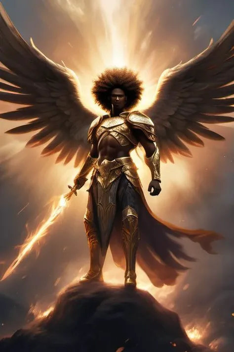 AngelicStyle, awe-inspiring portrayal of a Warrior Angel with a magnificent afro, adorned in resplendent battle armor, soaring through the skies with a flaming spear, (Radiant:1.2) aura engulfing their celestial form, (gilded:1.1) armor reflecting their divine heritage, (determined:1.1) gaze fixed on their righteous mission, (majestic:1.1) afro billowing with ethereal power, (unveiling:1.1) the essence of their divine purpose and cultural pride, (capturing:1.1) the spirit of valor and determination, (immortalizing:1.1) their eternal role as guardians of light and defenders against darkness. <lora:SDXLAngelic:0.4>