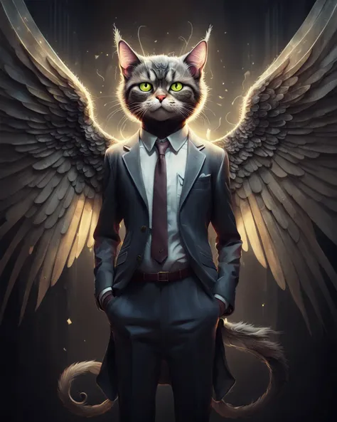 a cat in a business suit, angel wings, AngelicStyle <lora:SDXLAngelic:0.9>, by lee jeffries nikon d850 film stock photograph 4 kodak portra 400 camera f1.6 lens rich colors hyper realistic lifelike texture dramatic lighting unrealengine trending on artstation cinestill 800, (cartoon monster:1.3), cute, big eyes, big mouth, art by gediminas pranckevicius and Alexander Jansson, Pixar, centered, dramatic lighting, glowing light, simple solid background, no background, detailed face, cinematic