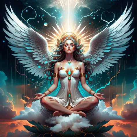 Anaglyph filter, action-packed ancient paradise dream,a beautiful stylish aphrodite angel russian girl (sit in lotus pose on the cloud:1.3),shattered glass angel wings AngelicStyle <lora:SDXLAngelic:0.42>,white dress,numbus above the head,happy peace face, heavenly beauty closed eyes,delicate closed mouth,passion body,amazing ,epic supernova background,(delirium, chaotic storm of liquid Volumetric Lighting),artgerm, radiant light , character, shallow depth of field, vignette, cinemascope, moody, epic, gorgeous ,(pop art:1.1) <lora:pop_art_style:0.47>, Lois van Baarle,characters, digital, fantasy, femininity, illustration, whimsical, beautiful watercolor art by (Aliza Razell:1.2) ,conceptual, dream-like, eerie, ethereal, fantasy, photography, surreal, alex gray,vibrant| comprehensive cinematic| Carne Griffiths| Conrad Roset
