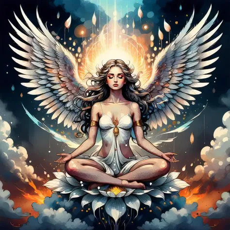 Anaglyph filter, action-packed ancient paradise dream,a beautiful stylish aphrodite angel russian girl (sit in lotus pose on the cloud:1.3),shattered glass angel wings AngelicStyle <lora:SDXLAngelic:0.42>,white dress,numbus above the head,happy peace face, heavenly beauty closed eyes,delicate closed mouth,passion body,amazing ,epic supernova background,(delirium, chaotic storm of liquid Volumetric Lighting),artgerm, radiant light , character, shallow depth of field, vignette, cinemascope, moody, epic, gorgeous ,(pop art:1.1) <lora:pop_art_style:0.47>, Lois van Baarle,characters, digital, fantasy, femininity, illustration, whimsical, beautiful watercolor art by (Aliza Razell:1.2) ,conceptual, dream-like, eerie, ethereal, fantasy, photography, surreal, alex gray,vibrant| comprehensive cinematic| Carne Griffiths| Conrad Roset