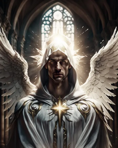 closeup portrait of a male angel wearing brilliant white robes, AngelicStyle #cinematic <lora:SDXLAngelic:0.8> spread arms, cloak, hood, bright Christian cathedral, powerful, angelic, by lee jeffries nikon d850 film stock photograph 4 kodak portra 400 camera f1.6 lens rich colors hyper realistic lifelike texture dramatic lighting unrealengine trending on artstation cinestill 800