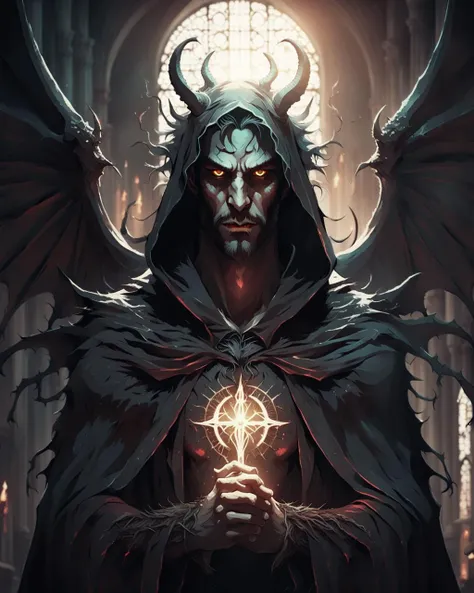 closeup portrait of a male demon wearing pitch black robes, AngelicStyle #cinematic <lora:SDXLAngelic:0.8> spread arms, cloak, hood, bright Christian cathedral, powerful, demonic, glowing eyes, (Studio ghibli style, Art by Hayao Miyazaki:1.2), Anime Style, Manga Style, Hand drawn, cinematic sensual, Sharp focus, humorous illustration, big depth of field, Masterpiece, concept art, trending on artstation, Vivid colors, Simplified style, trending on ArtStation, trending on CGSociety, Intricate, Vibrant colors, Soft Shading, Simplistic Features, Sharp Angles, Playful