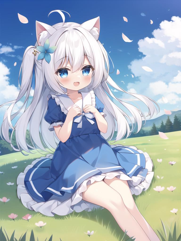 A girl with long white hair sitting on a field with flowers - SeaArt AI
