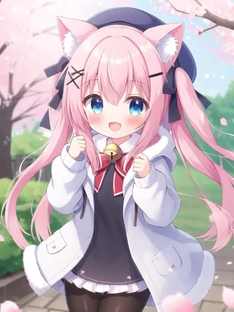 1girl,solo,pink hair,blue eyes,fang,hat,long hair,hair ornament,bangs,bow,pantyhose,animal ears,jacket,white headwear,petals,cherry blossoms,open clothes,smile,blurry,looking at viewer,flower,long sleeves,bell,dress,:d,open mouth,hair between eyes,hairclip,open jacket,white jacket,blush,very long hair,twintails,holding,ribbon,depth of field,skin fang,fur trim,blurry background,jingle bell,hood,animal hat,blurry foreground,pink flower,red bow,hand up,hood down,hair bow,black pantyhose,pink bow,fake animal ears,branch,x hair ornament,virtual youtuber,hair ribbon,cat ears,black dress,hair flower,hair bell,puffy long sleeves,jewelry,black shirt,cat hat,coat,two side up,shirt,hat bow,hooded jacket,sweater,red ribbon,falling petals,standing,dutch angle,