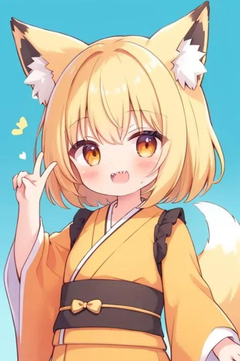judddr style, Youukkoo, looking at viewer, short hair, open mouth, blonde hair, animal ears, upper body, orange eyes, fox ears, sharp teeth, orange kimono, full body, looking at viewer, <lora:Sengoku_Youko_00_01:0.7> <lora:judddr_00_05:1,0>