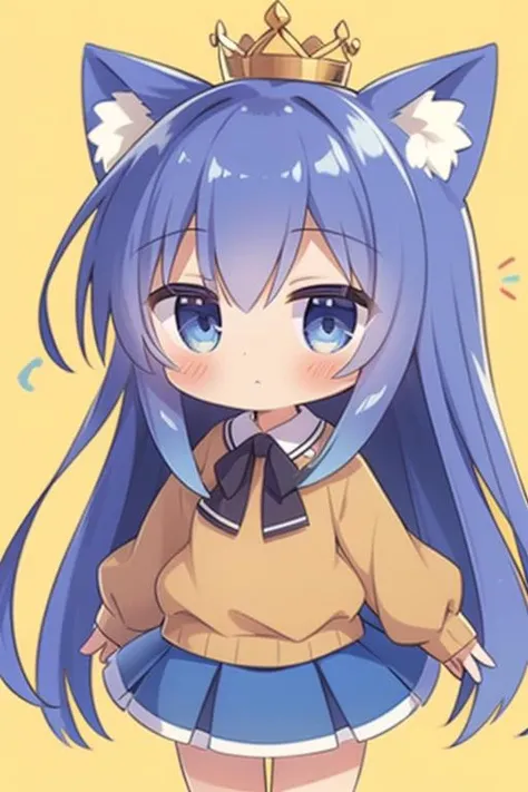 tzummn, long hair, blue hair, looking at viewer, blush, skirt, animal ears, eyes, cat ears, chibi, sweater, blue skirt, crown, <lora:Miniwa_Tsumiki_10_01:1>