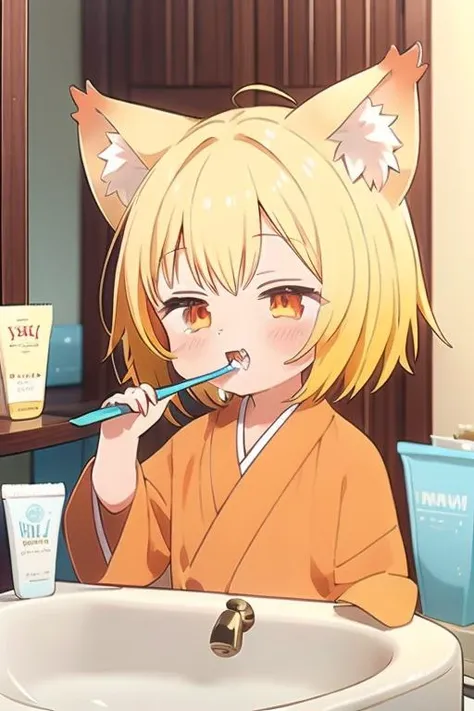 Youukkoo, looking at viewer, short hair, open mouth, blonde hair, animal ears, upper body, orange eyes, fox ears, sharp teeth, orange kimono, brushesteeth, holding, toothbrush, bathroom, mirror, sleepy, reflection, <lora:Sengoku_Youko_00_01:1.0> <lora:brushes_teeth_00_01:1>