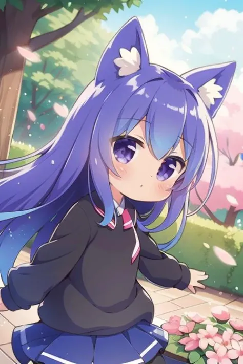 (2d:1.2), wide shot, (dynamic angle:1.1), outline, ((thick lineart)), cover, stylish, official art, (details:1.2), (fantasy), garden, (bloom:1.1), glow:0.2, shadow, nature, cherry blossoms, particles, (depth of field), sharp focus, (volumetric lighting), (bokeh:0.6), film grain:0.4, (soft lighting:1.1), tzummn, long hair, blue hair, animal ears, purple eyes, cat ears, ahoge, school uniform, looking at viewer, skirt, sweater, cat tail, pantyhose, <lora:Miniwa_Tsumiki_10_01:1.3>