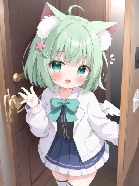 1girl, animal ears, green hair, wings, ahoge, solo, looking at viewer, blush, cat ears, blue eyes, short hair, hair ornament, virtual youtuber, skirt, animal ear fluff, clover hair ornament, long sleeves, jacket, ribbon, open mouth, aqua eyes, green eyes, door