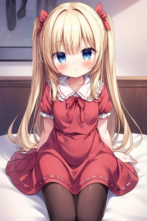 (masterpiece, best quality), 1girl, blonde hair, red dress, pantyhose, cute face, blush, <lora:add_detail:1>