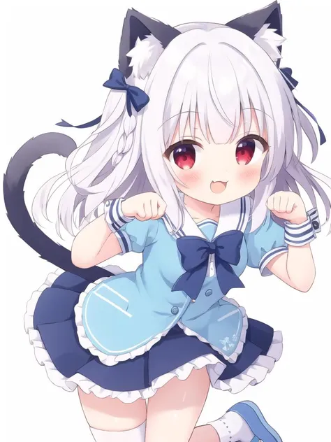 1girl,animal ears,cat ears,tail,solo,cat tail,red eyes,long hair,white hair,wrist cuffs,paw pose,blue footwear,cat girl,looking at viewer,smile,animal ear fluff,open mouth,socks,virtual youtuber,white background,skirt,short sleeves,braid,:3,blush,standing,puffy sleeves,bow,standing on one leg,shoes,puffy short sleeves,white background,