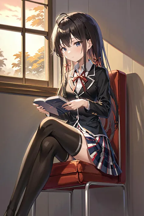 masterpiece, 1girl, horikita, red jacket, black hair, reading a book, serius face, fullbody