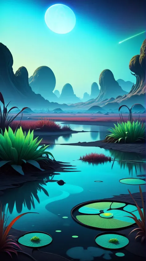 <lora:AbstractPatternStyleXL:1>AbstractPatternStyle a marsh on an alien planet, bioluminescent plants flickering, (Masterpiece:1.3) (best quality:1.2) (high quality:1.1)
